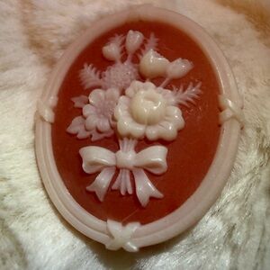 Avon Cream and Red Floral Carved Resin Cameo Brooch